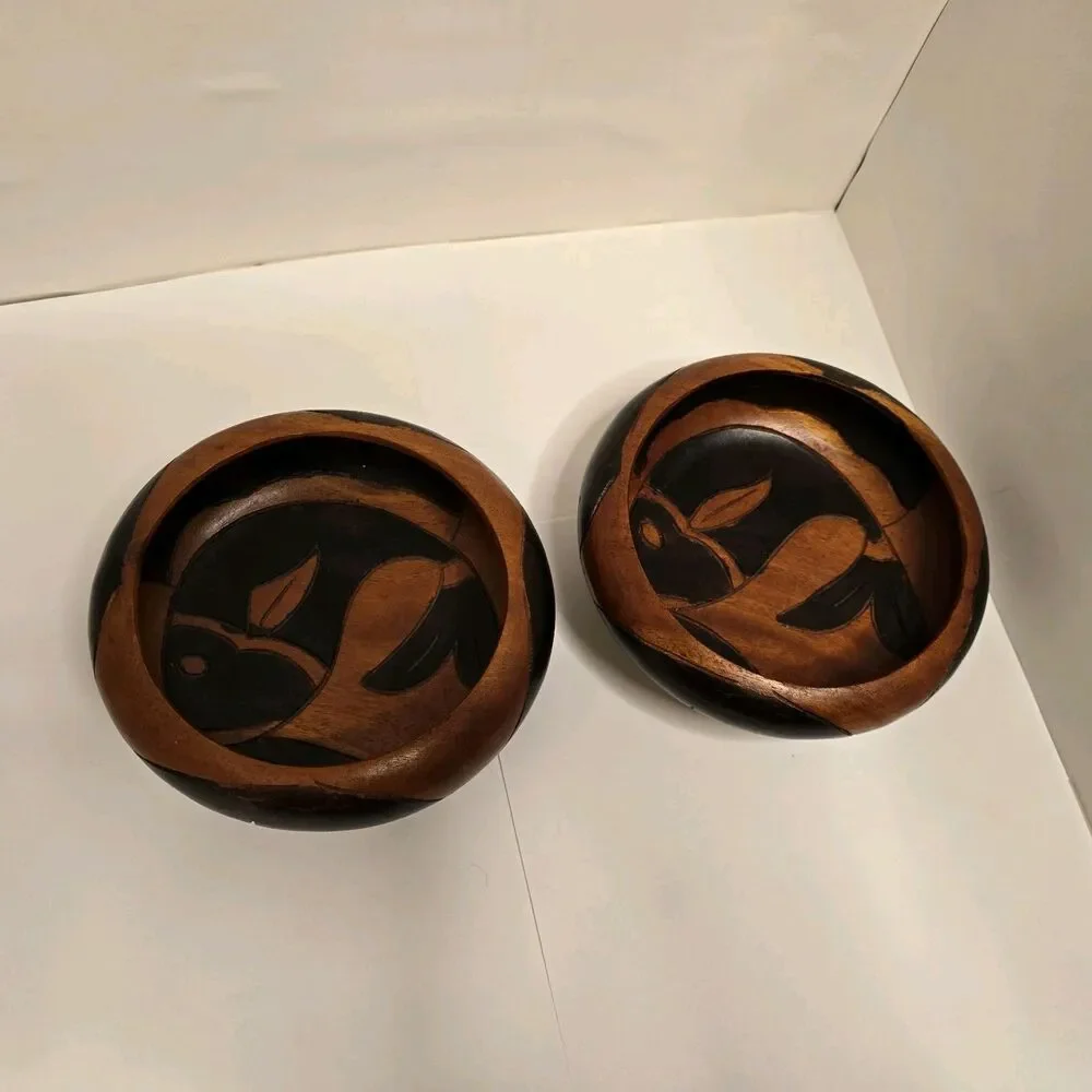 Vintage Wooden Two Toned Handmade Fish Bowls Set Of 2